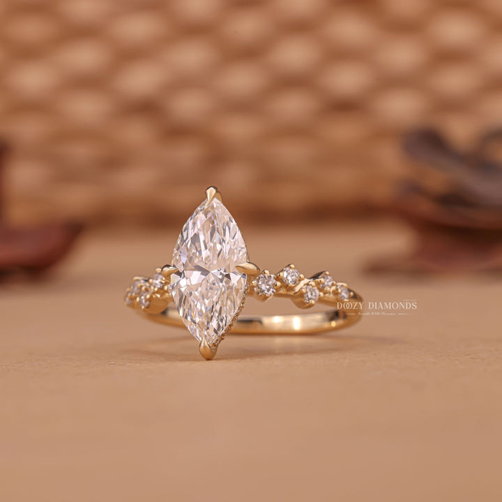 Profile view of marquise cut cluster engagement ring band