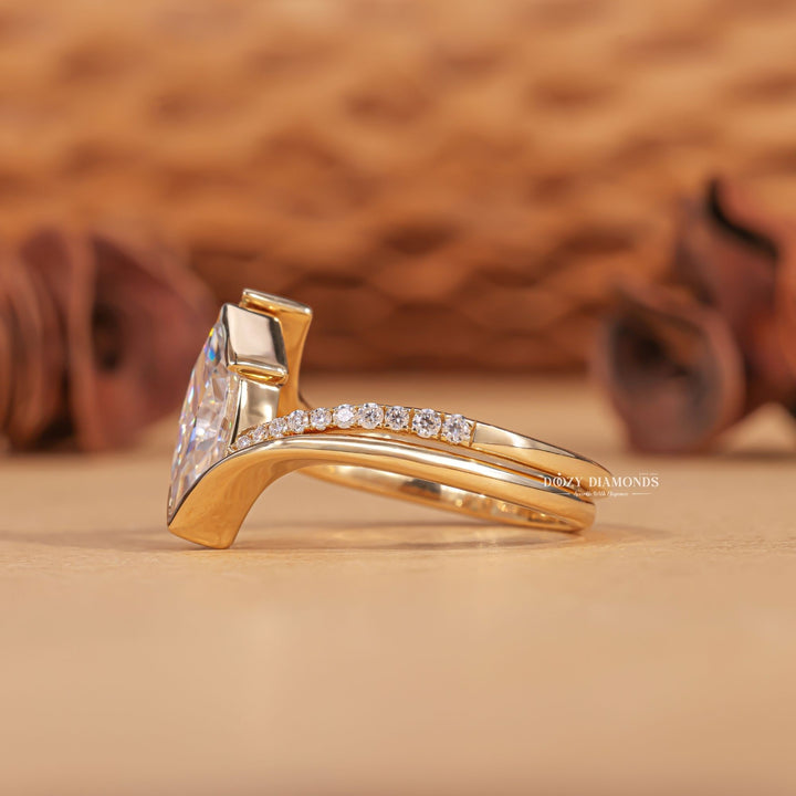 Marquise cut bridal set with channel set band, Marquise cut bridal set with prong set band, Marquise cut bridal set with bezel set band, Marquise cut bridal set with twist band, 