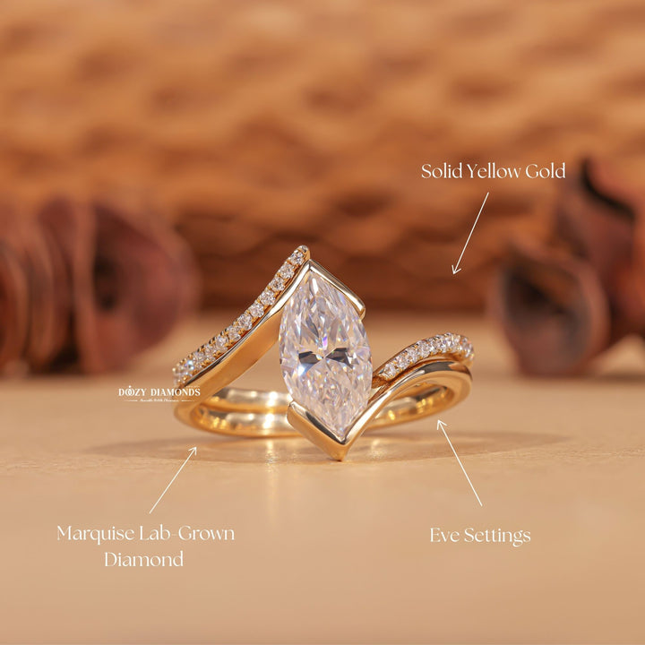 Marquise cut bridal set with plain band, Marquise cut bridal set with engraved band, Marquise cut bridal set with cathedral setting, Marquise cut bridal set with low profile setting, 