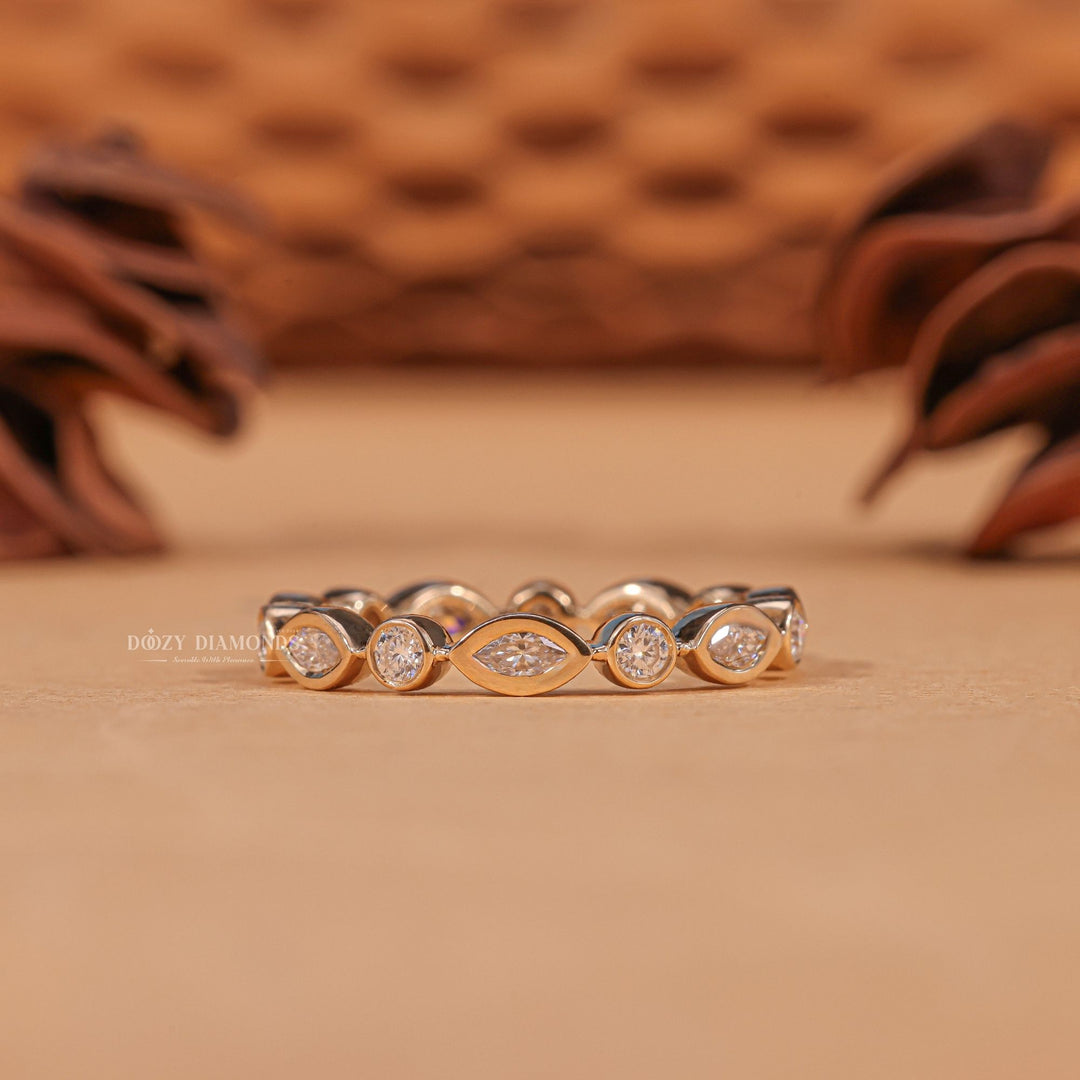 Minimalist round marquise diamond wedding band front view