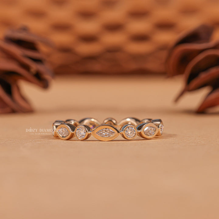 Minimalist round marquise diamond wedding band front view