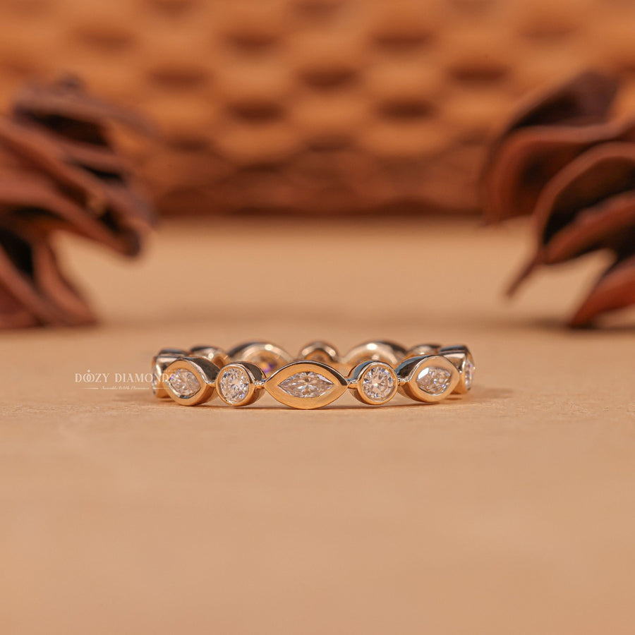 Minimalist round marquise diamond wedding band front view