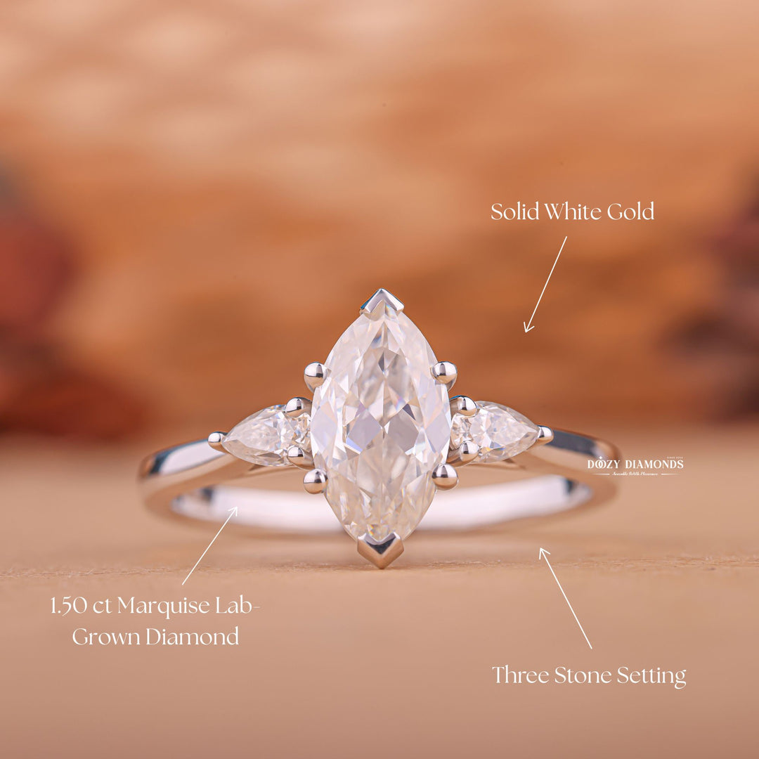 Handcrafted marquise cut three stone lab grown diamond engagement ring