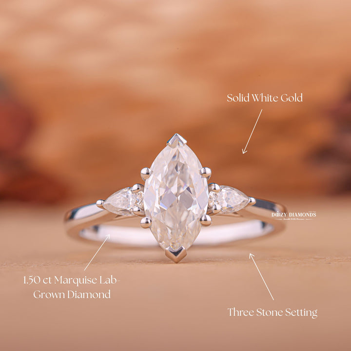 Handcrafted marquise cut three stone lab grown diamond engagement ring