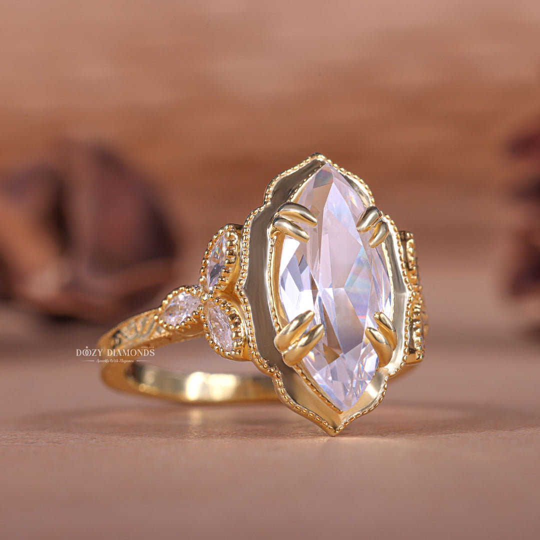 Macro shot of marquise cut diamond facets in vintage ring setting