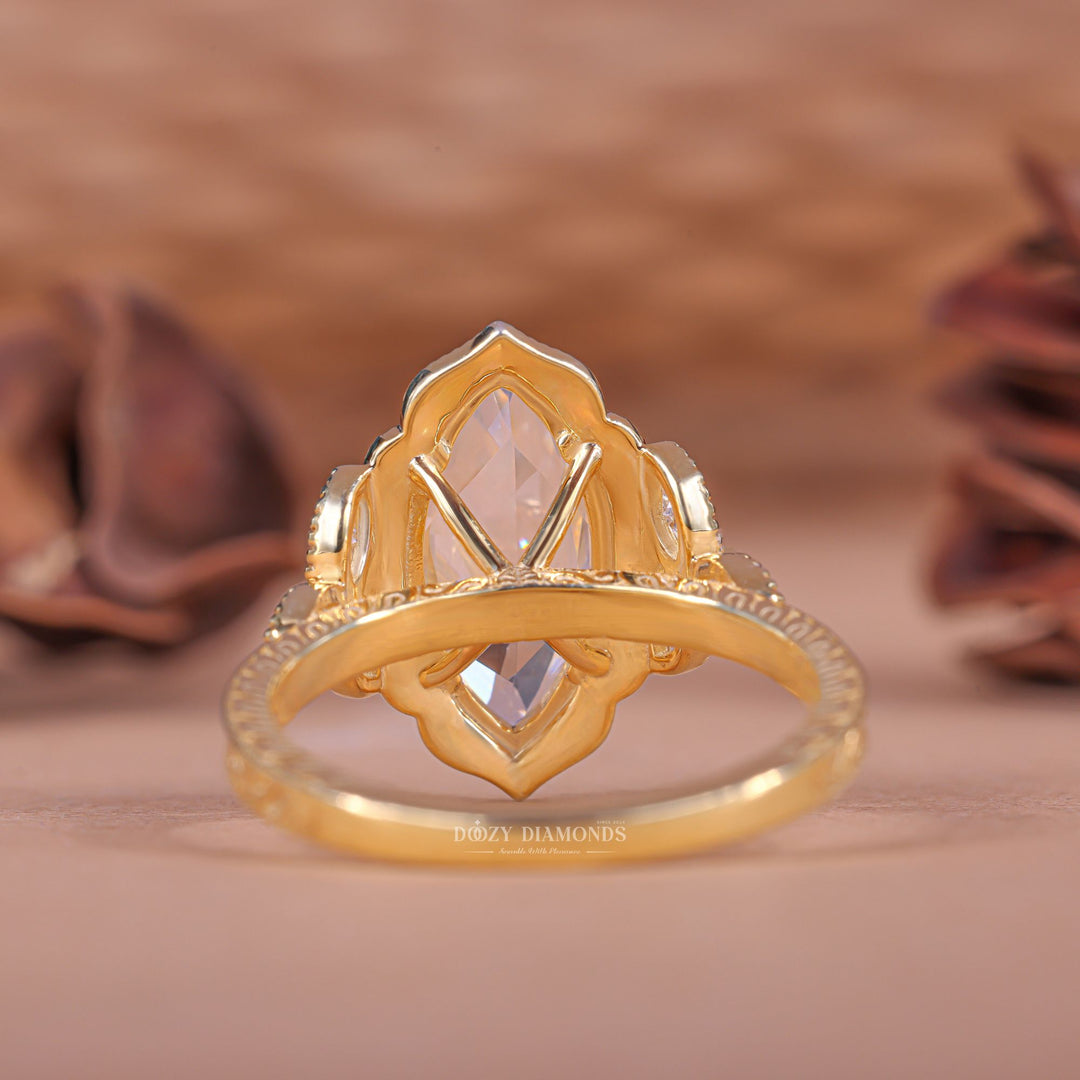 Detailed close-up of marquise vintage diamond engagement ring