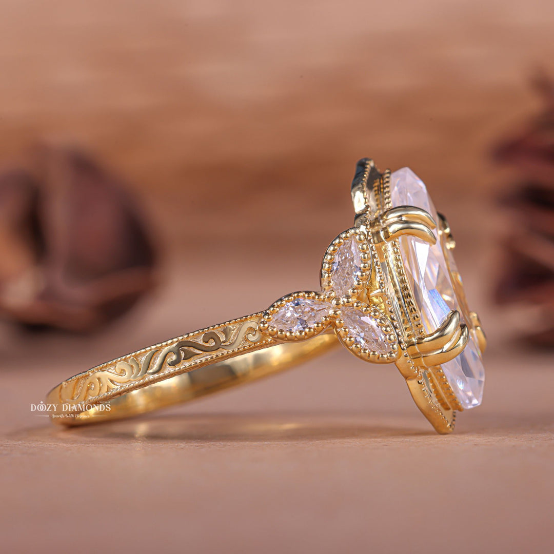 Close-up of marquise cut center diamond in vintage engagement ring
