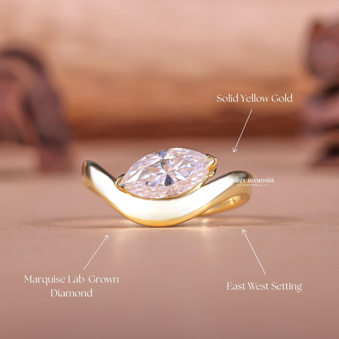Close-up of marquise cut center diamond in solitaire engagement ring