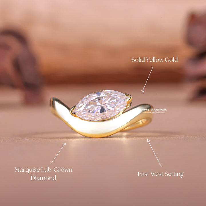 Close-up of marquise cut center diamond in solitaire engagement ring