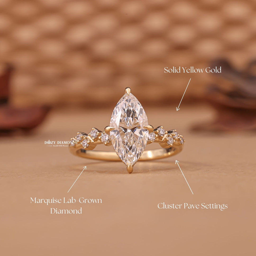 Marquise cluster engagement ring viewed from the side