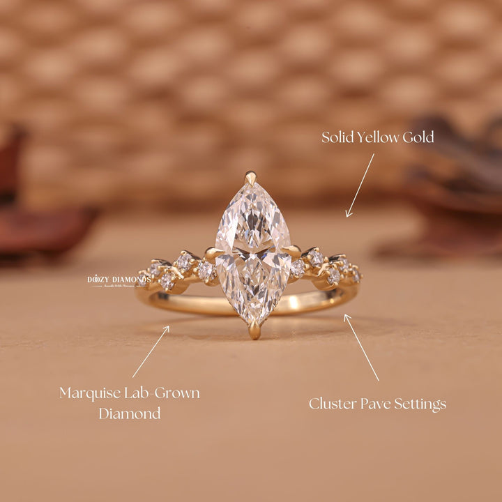 Marquise cluster engagement ring viewed from the side