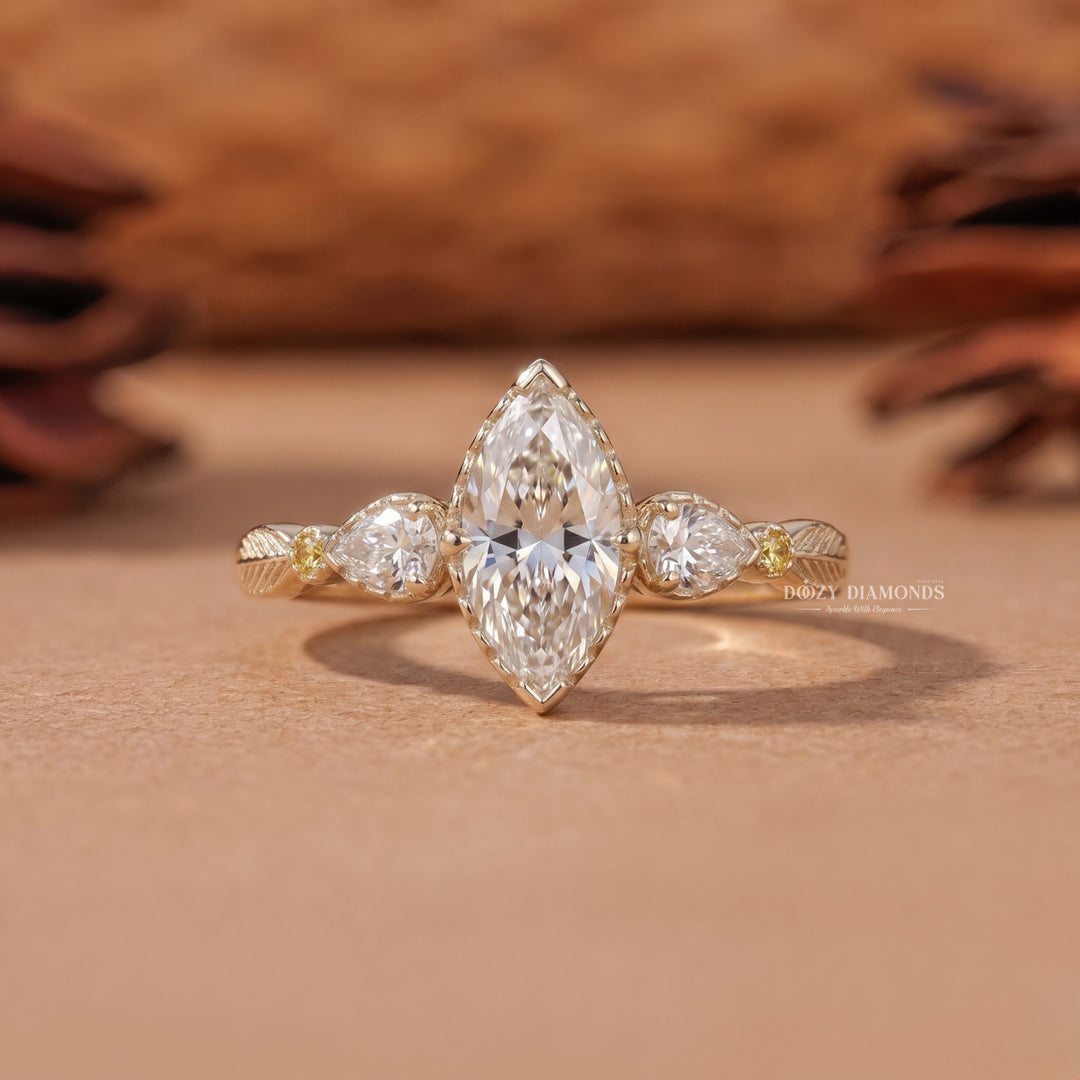 2.50CT Marquise E/VVS1 Vintage Style Lab Grown Ring with Pear Side Stone