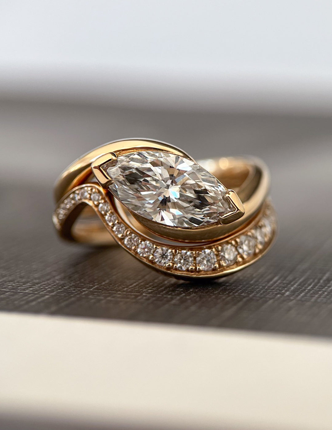 1.50CT Bezel Marquise Lab Grown Diamond Ring Yellow Gold East West Pave Band
