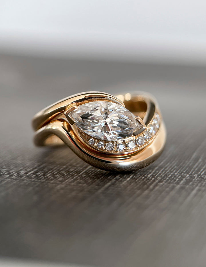 1.50CT East West Marquise Lab Grown Diamond Ring Yellow Gold Sculptural Pave Band