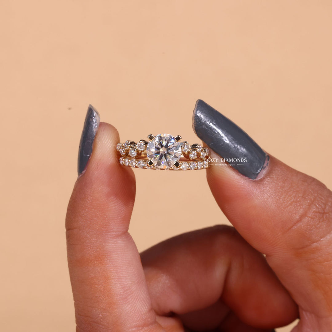 1.0CT Round Cut EF - VS2 Lab Grown Cluster Engagement Ring with Stacking Band - Doozy Diamonds