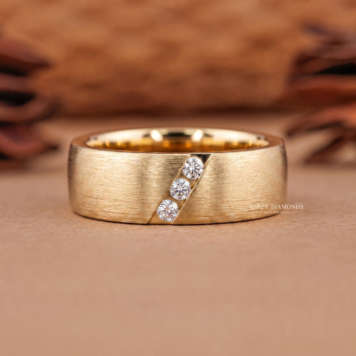 Men's Brushed Gold Wedding Band, Diagonal Lab Grown Trio