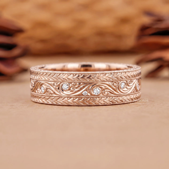 Vintage Scroll Wedding Band with Lab Grown Stones, Rose Gold