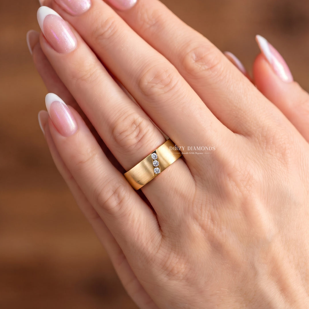 Men's Brushed Gold Wedding Band, Diagonal Lab Grown Trio
