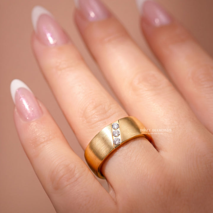 Men's Brushed Gold Wedding Band, Diagonal Lab Grown Trio