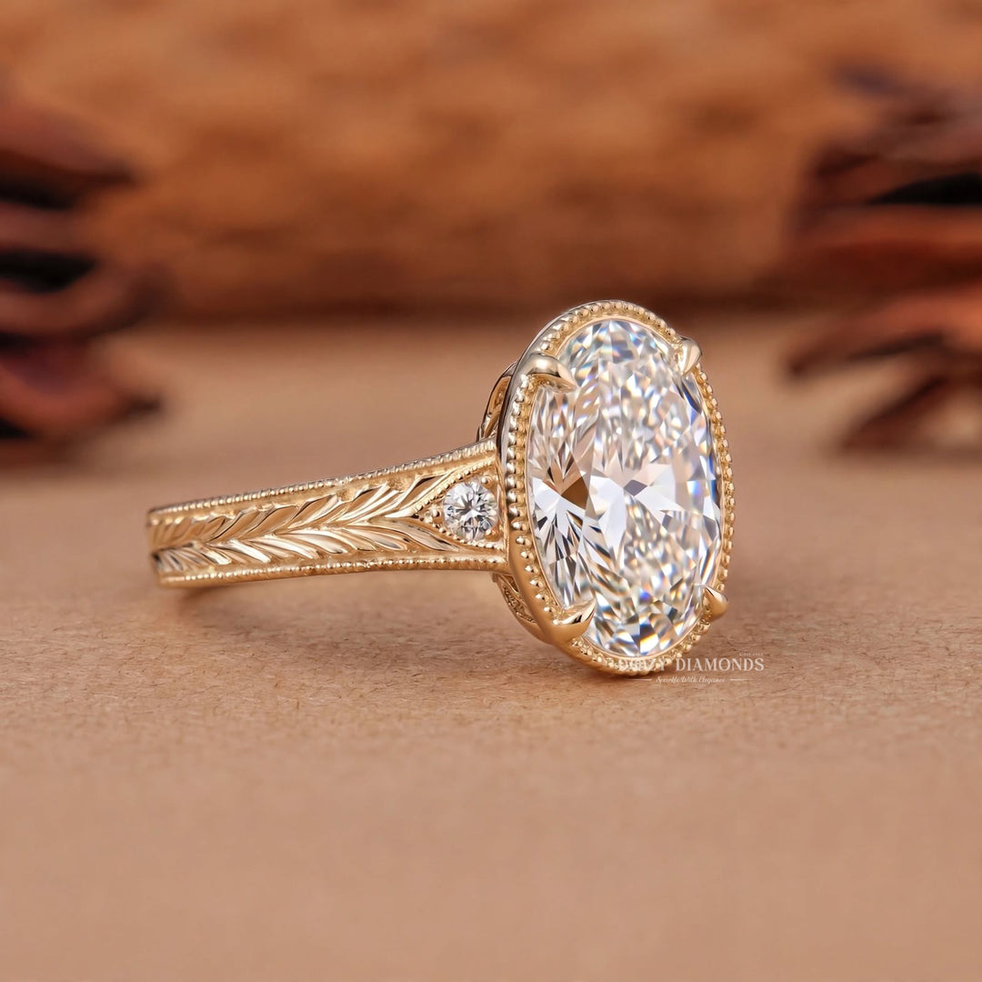 2.50CT Ova Vintage Nature Inspired E/VS1 Gold Engagement Ring with Leaf Detailing