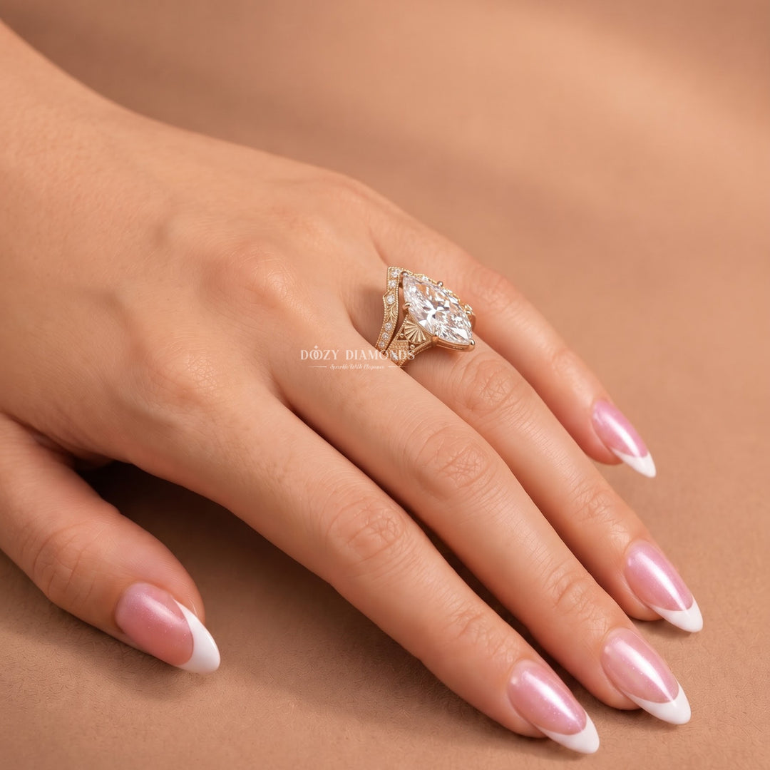 2.50CT Marquise F/VVS2 Lab Grown Diamond Chevron Bridal Ring Set