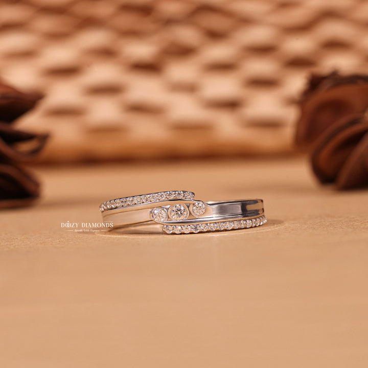 Round diamond band stacked with engagement ring