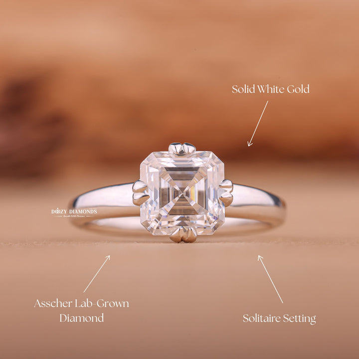 Asscher solitaire ring set with an IGI graded diamond