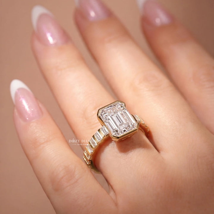IGI Certified 2.50CT Emerald Cut Bezel Cut Lab Grown Diamond Engagement Ring