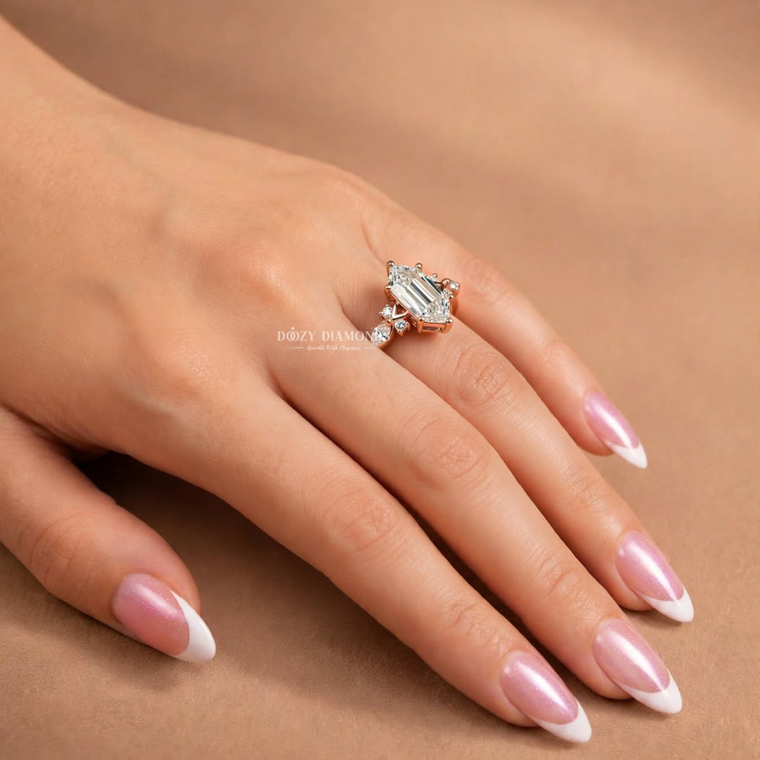 2.50CT Hexagon Shield F/VVS1 Lab Grown Diamond Engagement Ring, Cluster Rose Gold