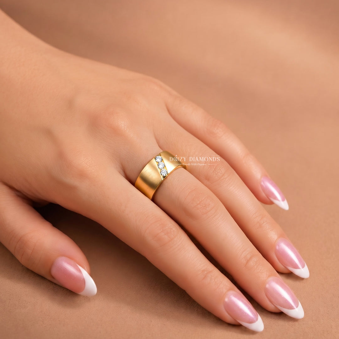 Men's Brushed Gold Wedding Band, Diagonal Lab Grown Trio