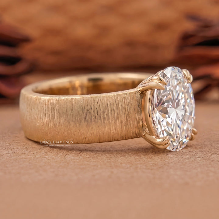 3.0CT Oval E/VS1 Lab Grown Solitaire Ring, Wide Brushed Gold Band
