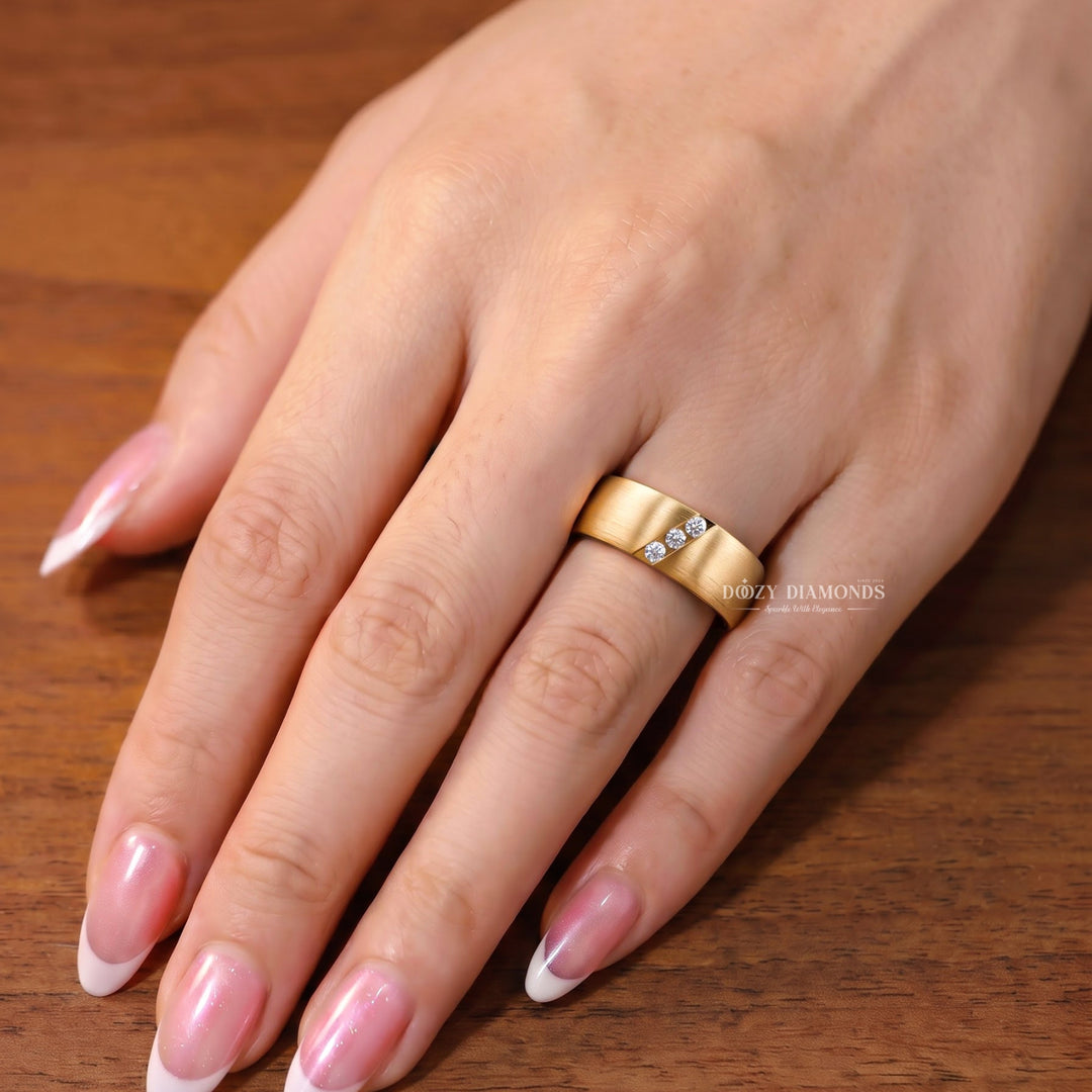 Men's Brushed Gold Wedding Band, Diagonal Lab Grown Trio