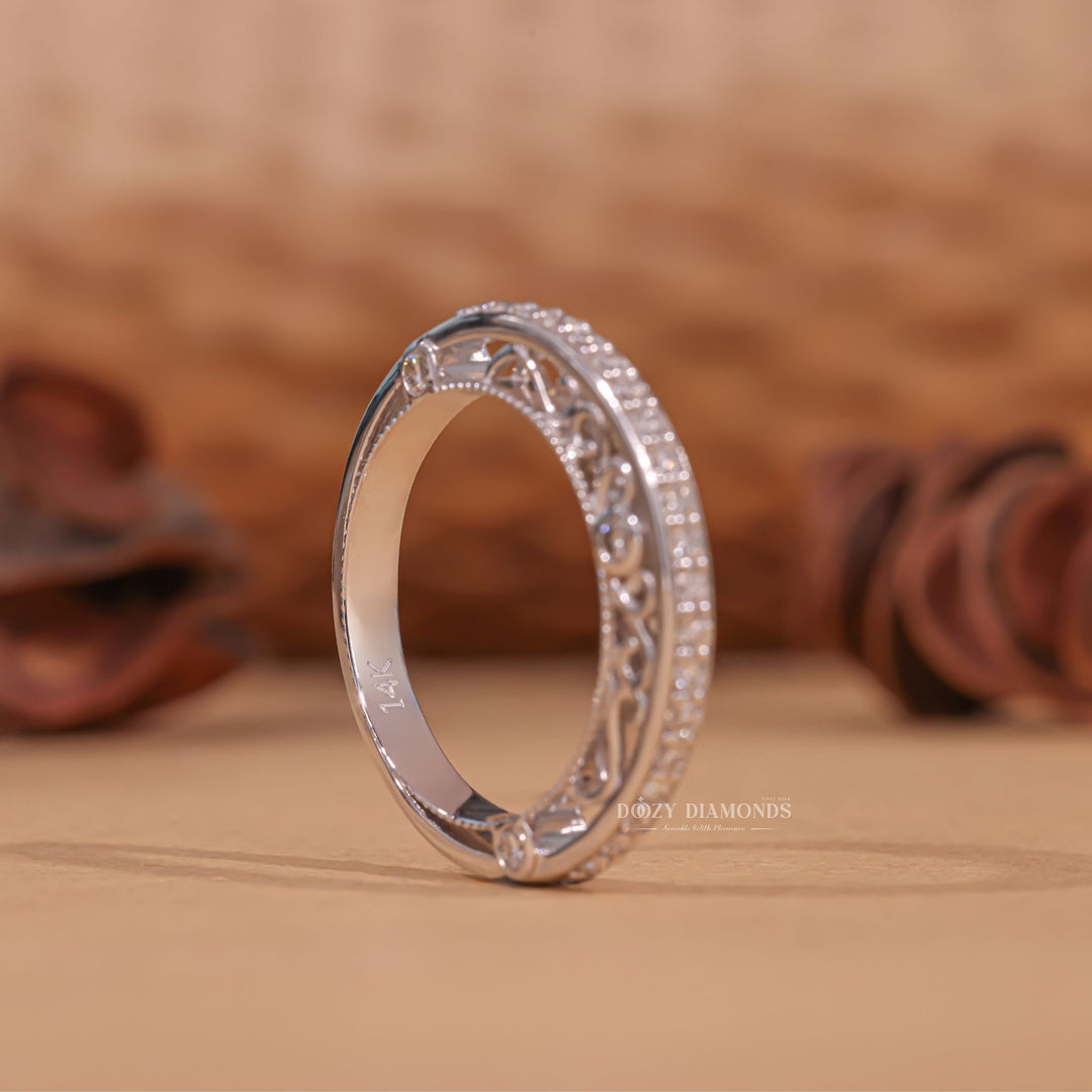 Vintage Eternity diamond band stacked with engagement ring