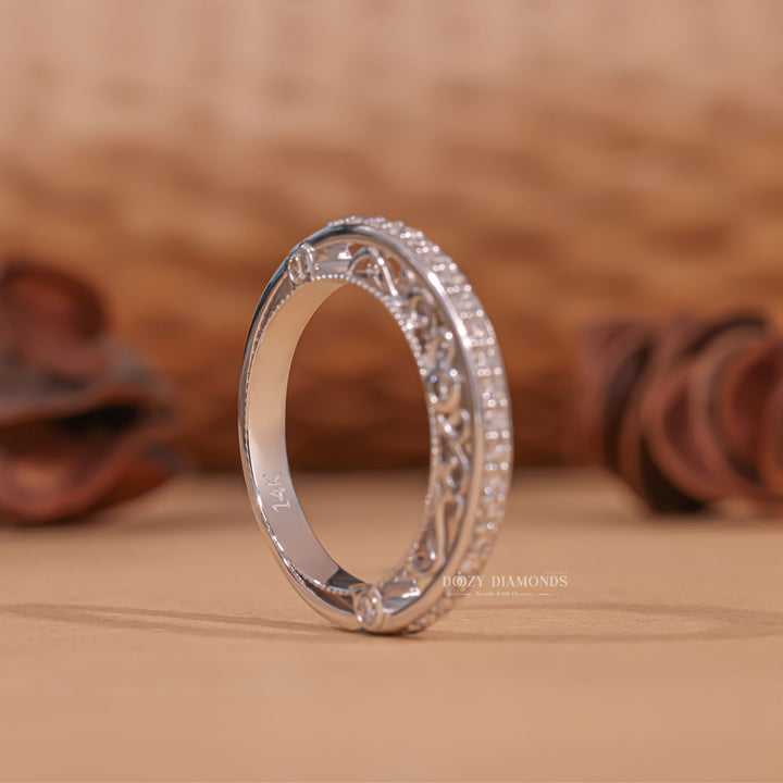 Vintage Eternity diamond band stacked with engagement ring
