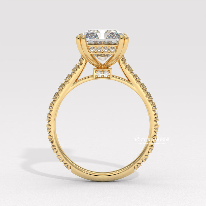 Radiant solitaire engagement ring close-up highlighting diamond sparkle