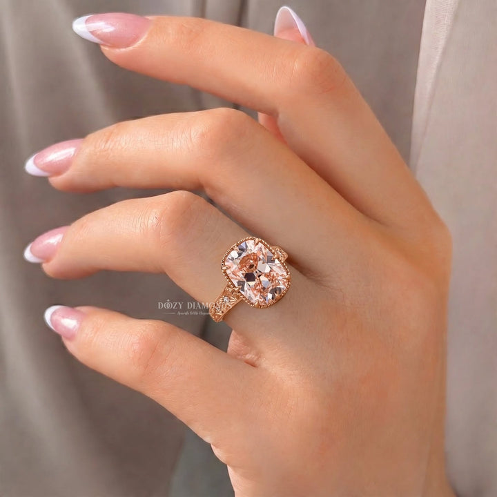 3.0CT Oldmine Elongated Cushion Pink Engraved Style Vintage Engagement Rings