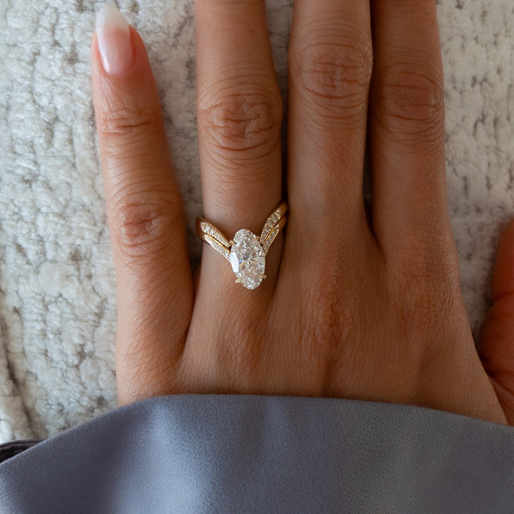 1.50CT Moval Lab Grown Diamond Bridal Ring Stack Yellow Gold Chevron Pave Band