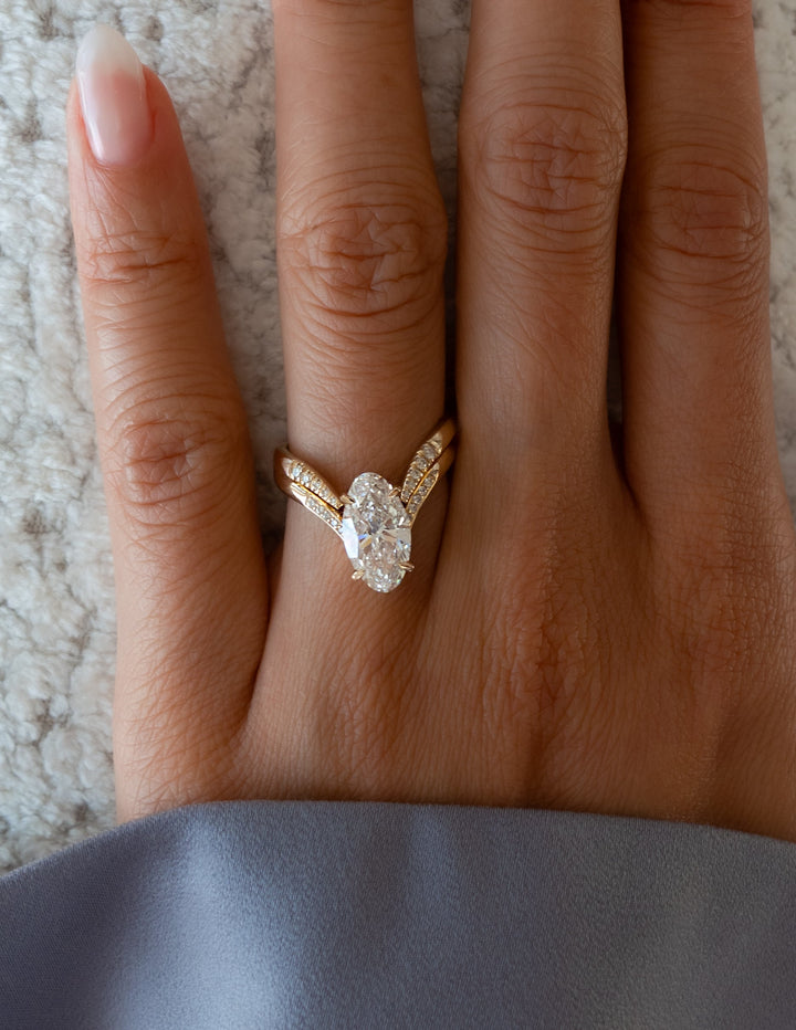 1.50CT Moval Lab Grown Diamond Bridal Ring Stack Yellow Gold Chevron Pave Band