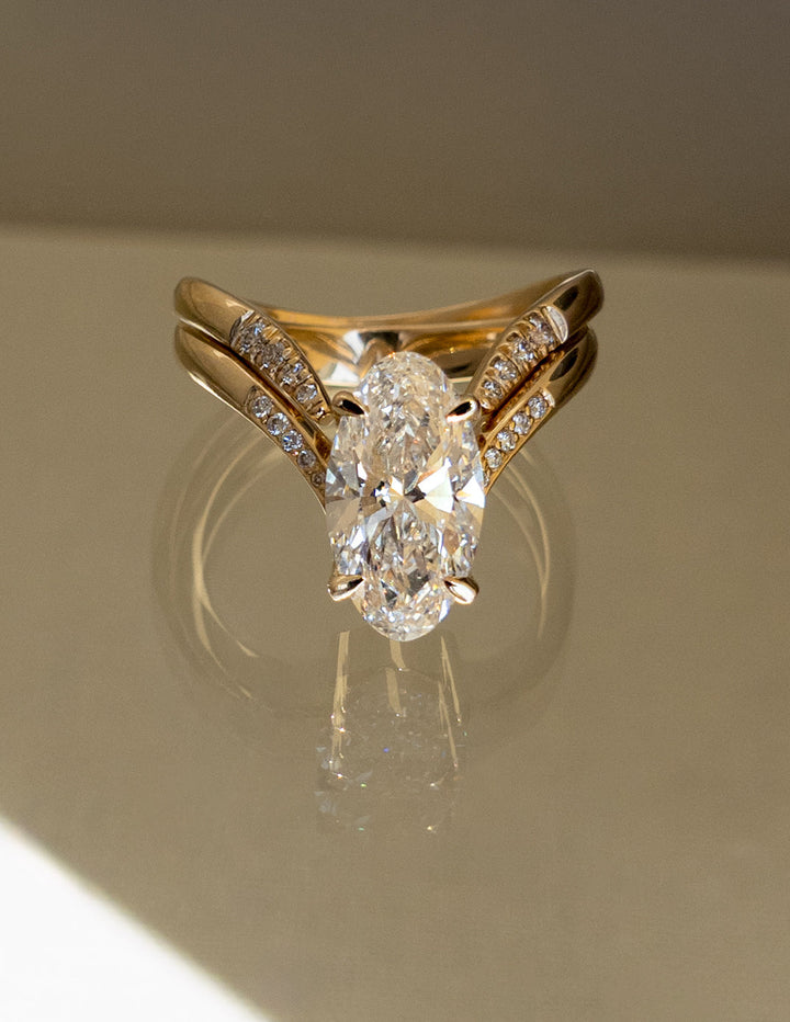 1.50CT Moval Lab Grown Diamond Bridal Ring Stack Yellow Gold Chevron Pave Band