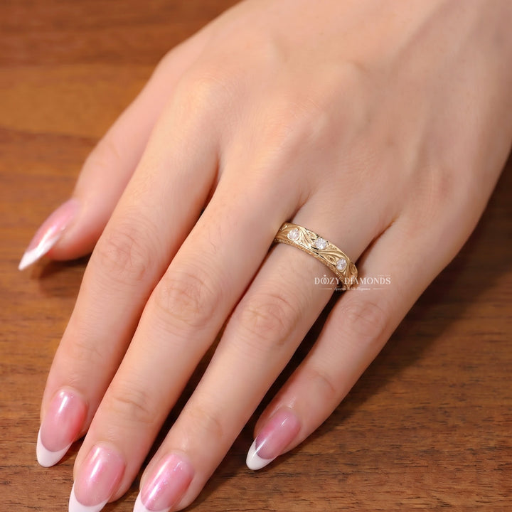 Engraved Vine Wedding Band with Lab Grown Stones, Gold