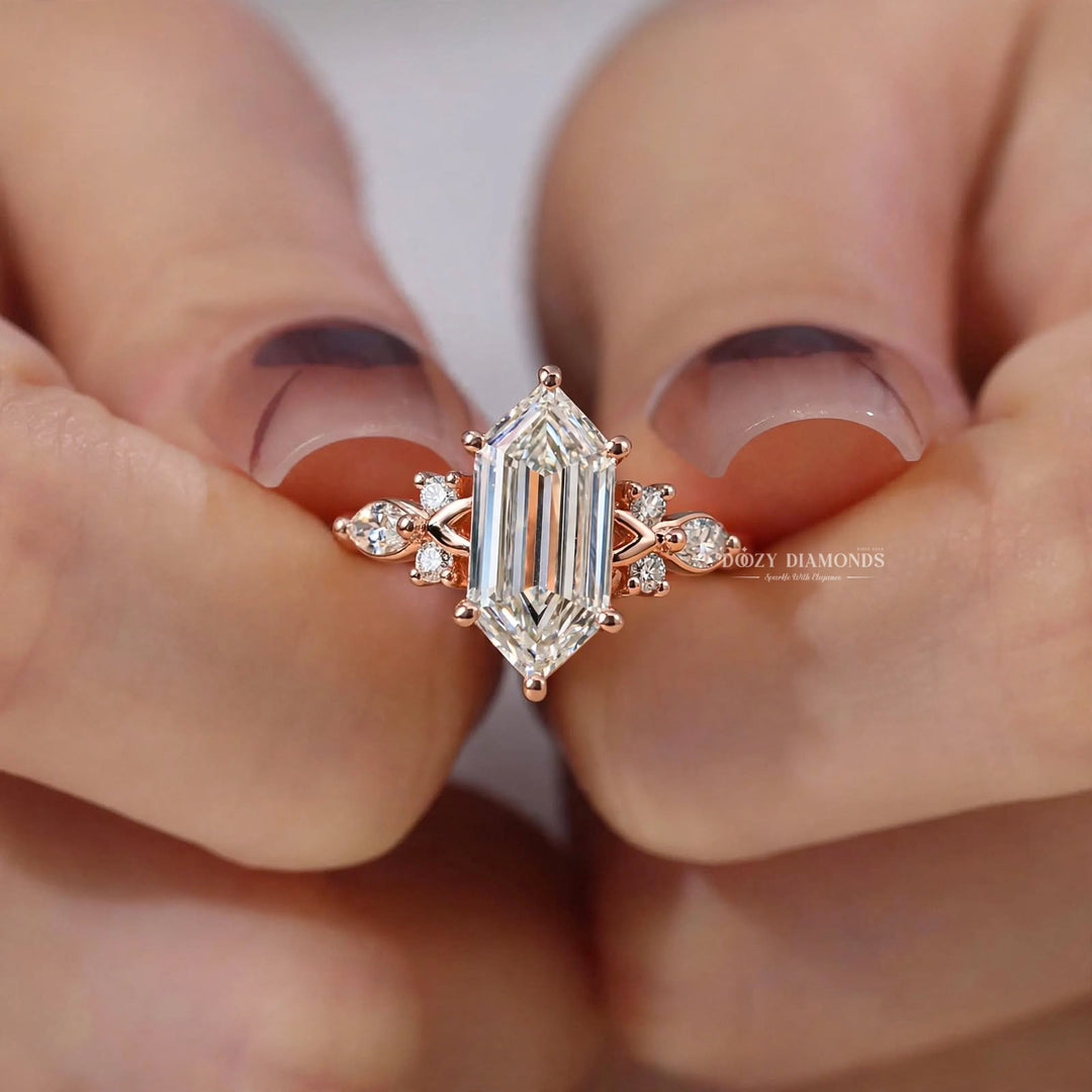 2.50CT Hexagon Shield F/VVS1 Lab Grown Diamond Engagement Ring, Cluster Rose Gold