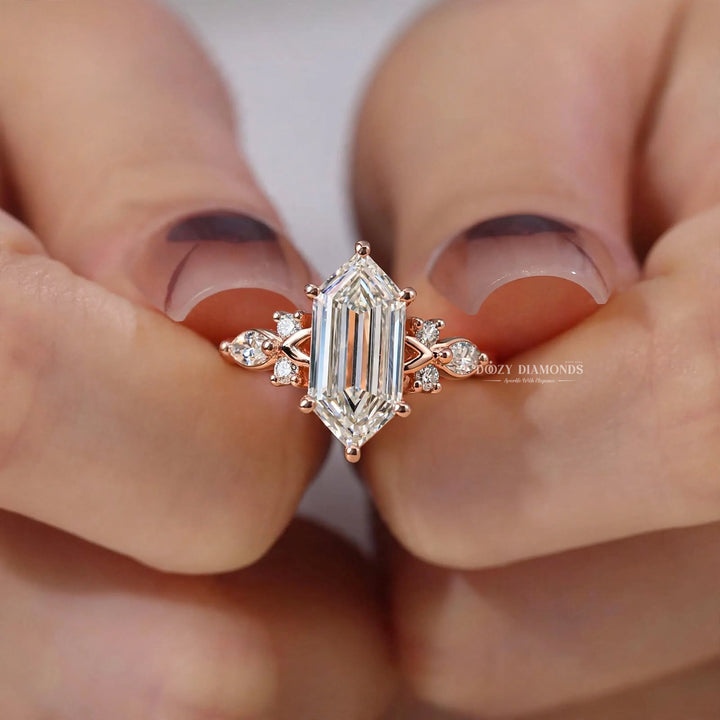 2.50CT Hexagon Shield F/VVS1 Lab Grown Diamond Engagement Ring, Cluster Rose Gold