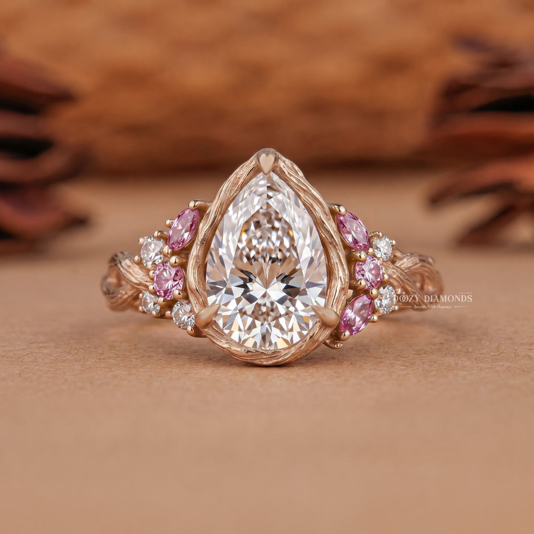 2.0CT Pear Lab Grown Diamond Pink Sapphire Accents Nature Inspired Engagement Rings