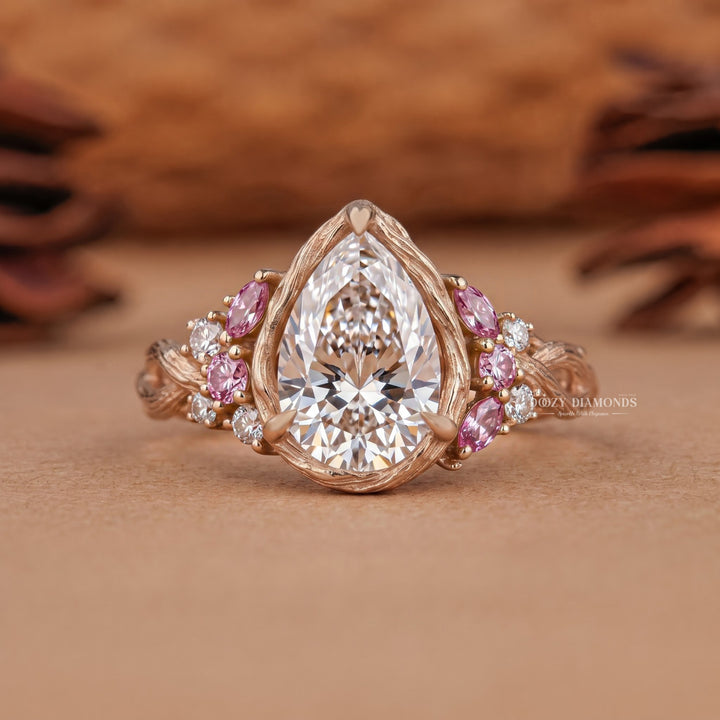 2.0CT Pear Lab Grown Diamond Pink Sapphire Accents Nature Inspired Engagement Rings
