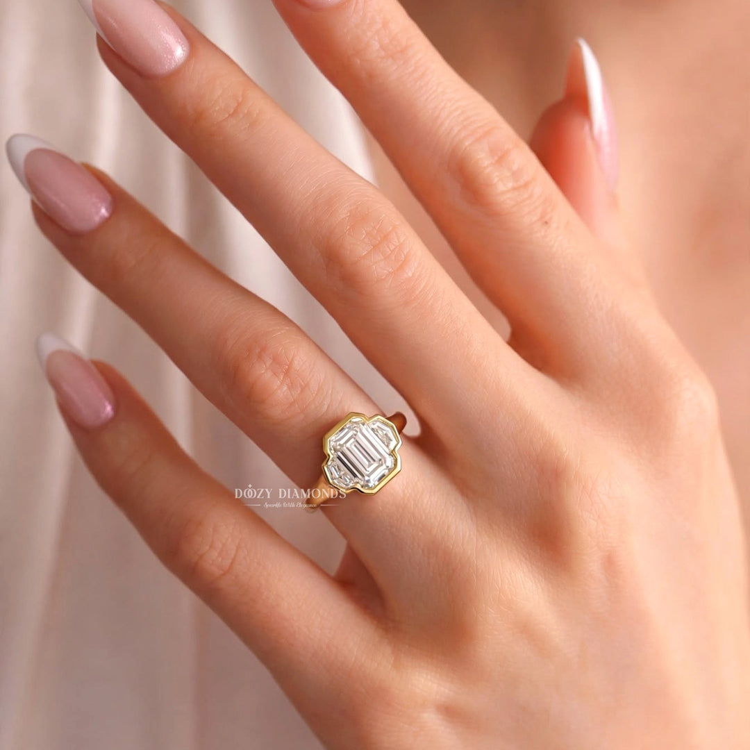 2.0CT Emerald Cut E/VS2 Lab Grown Diamond Art Deco Bezel Three Stone Engagement Ring