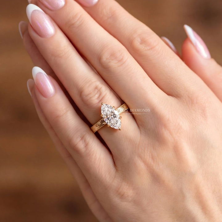 2.0CT Marquise F/VVS1 Lab Grown Ring, Hand Engraved Scroll Gold Band