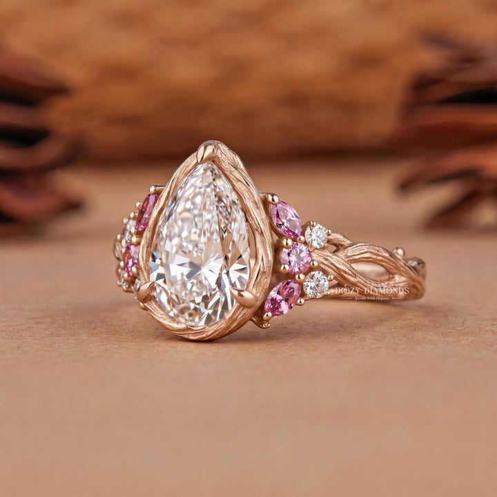 2.0CT Pear Lab Grown Diamond Pink Sapphire Accents Nature Inspired Engagement Rings