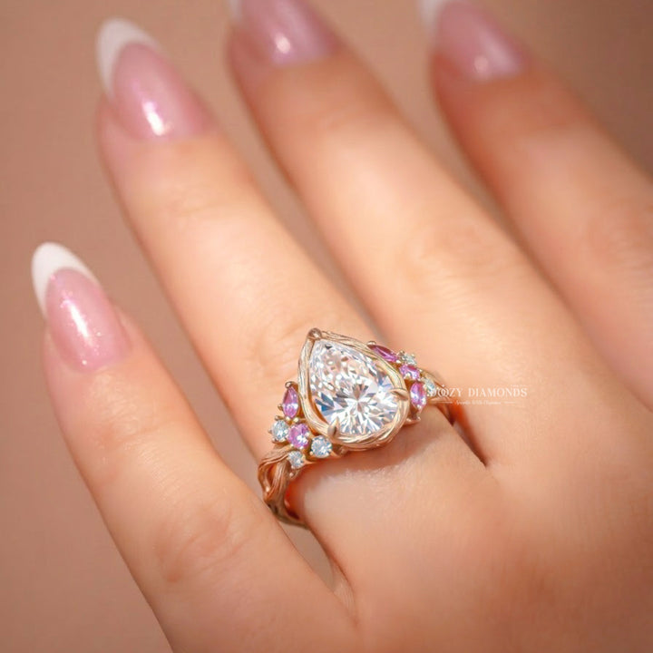 2.0CT Pear Lab Grown Diamond Pink Sapphire Accents Nature Inspired Engagement Rings