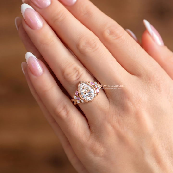 2.0CT Pear Lab Grown Diamond Pink Sapphire Accents Nature Inspired Engagement Rings