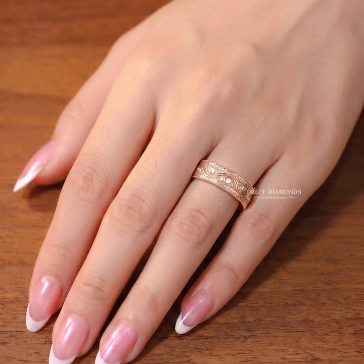 Vintage Scroll Wedding Band with Lab Grown Stones, Rose Gold